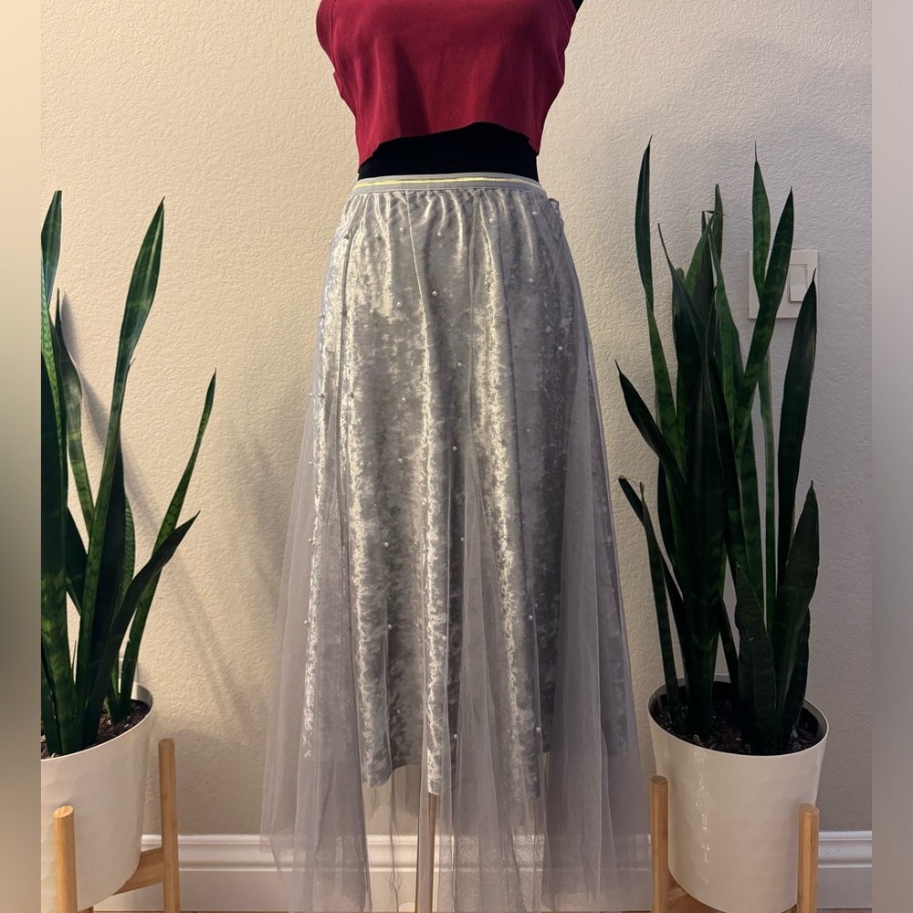 ANTHROPOLOGIE RAGA SKIRT 1X GRAY‎ TULLE LAYERED A-LINE VELVET MESH PEARL PLUS